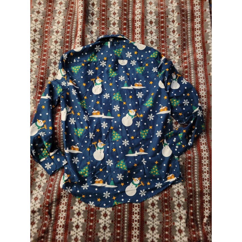 Suitmeister Mens Snowman Christmas Long Sleeve Blue Button Down Size M 15/15.5